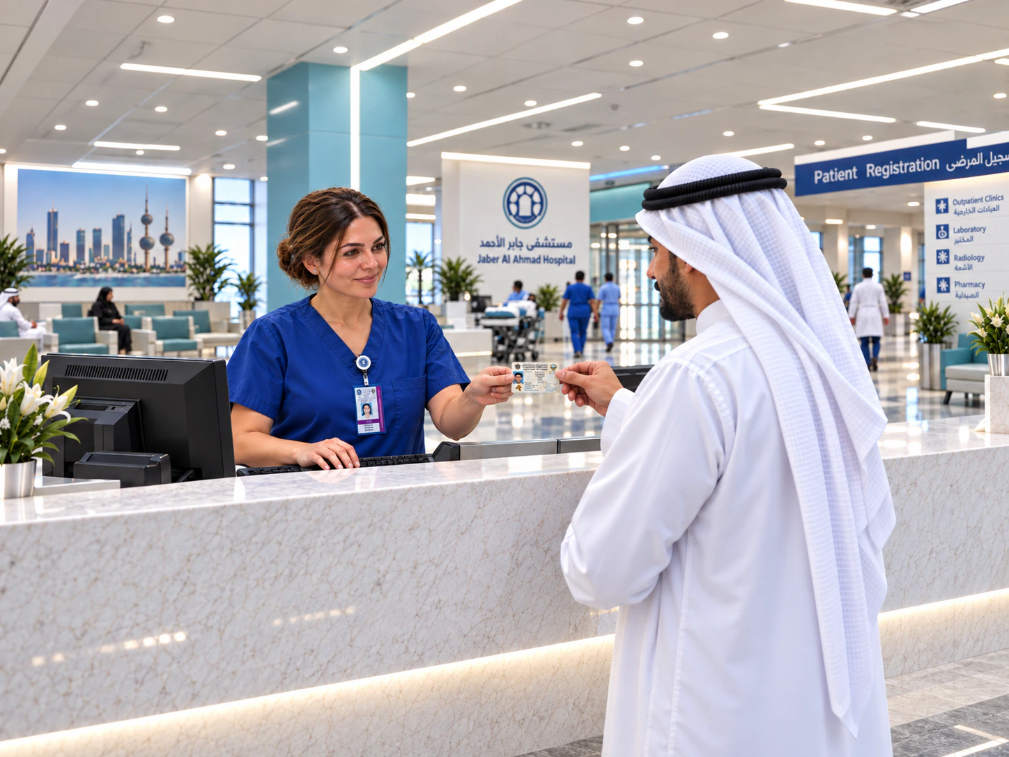 A nurse in royal-blue scrubs speaking with a patient at registration